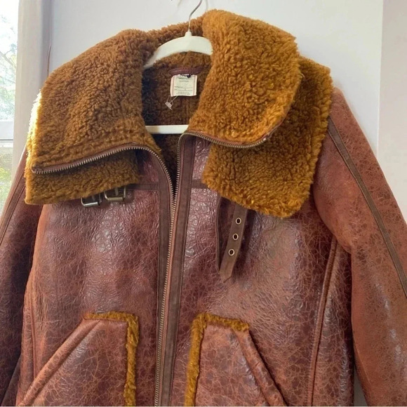 New Free People Maverick Shearling Jacket Moto Leather We The Free Brown - Picture 12 of 17